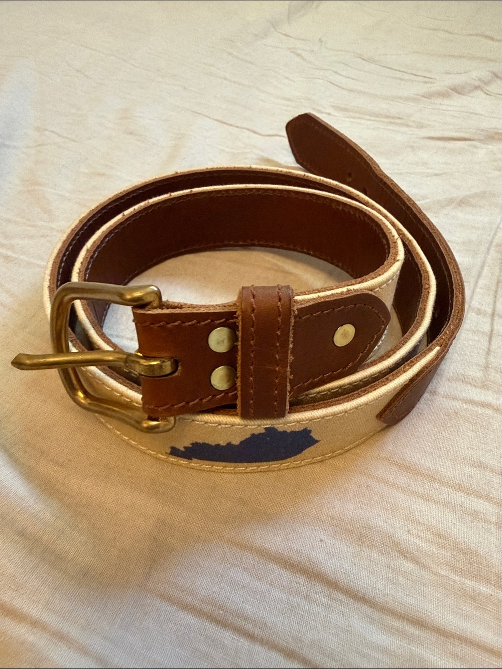 Men's Brown Leather & Cream Canvas Belt with UK Blue / Kentucky Accent